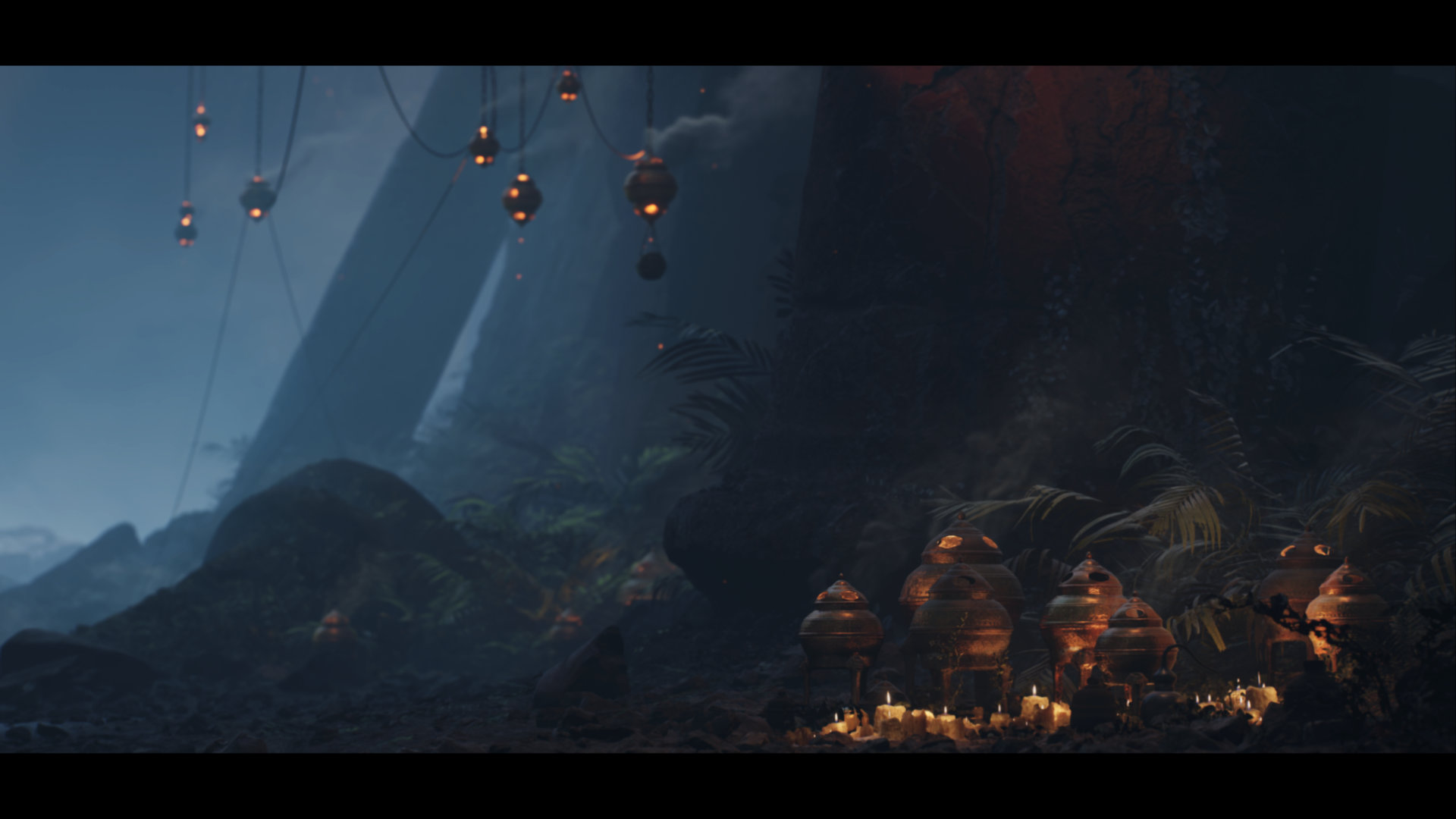 Screenshot of an old column in the Megascans Goddess Temple scene in Unreal Engine created with the Cinematographer camera plugin.