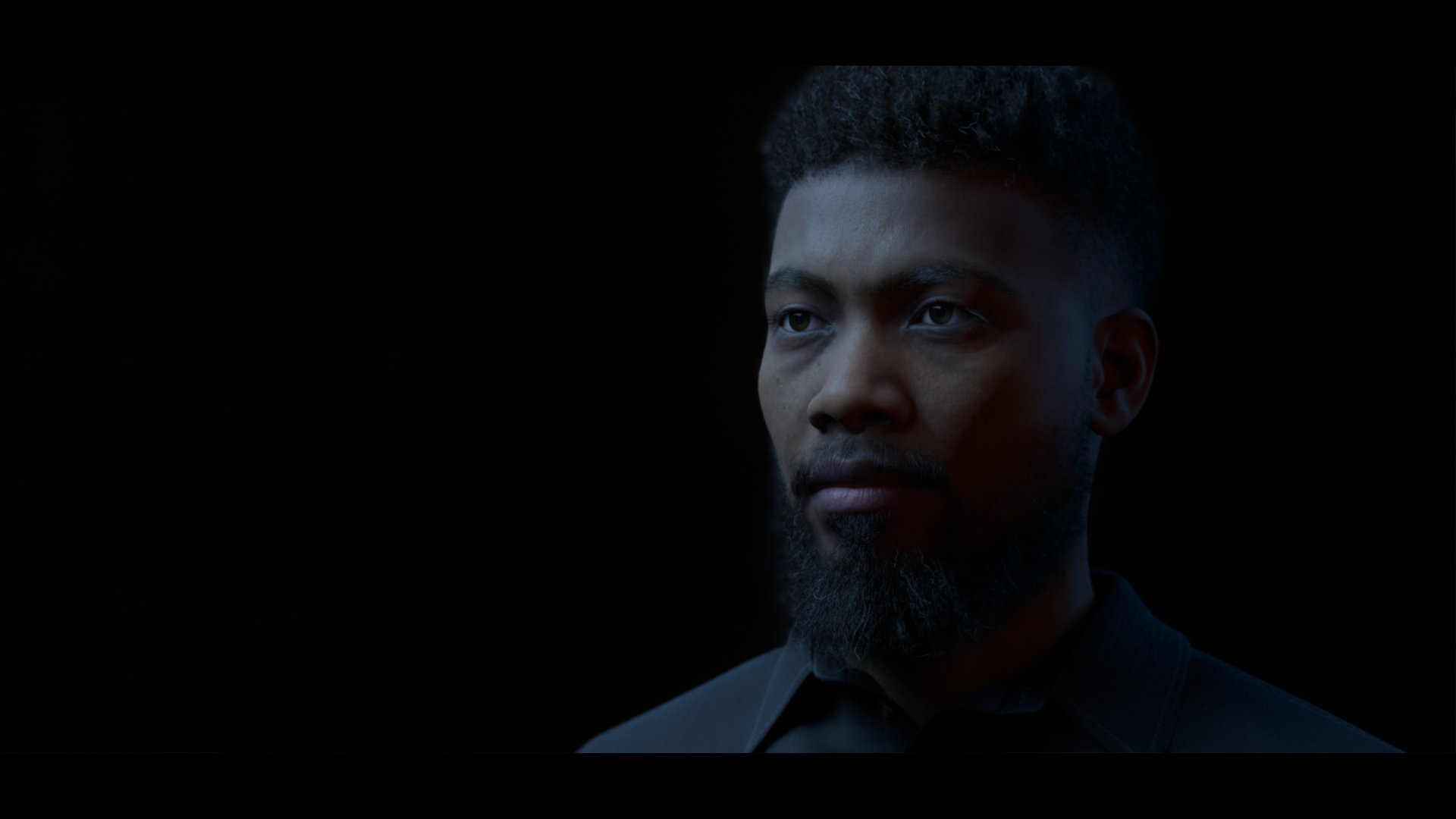 Screenshot of the MetaHuman Trey in Unreal Engine created with the Cinematographer camera plugin.